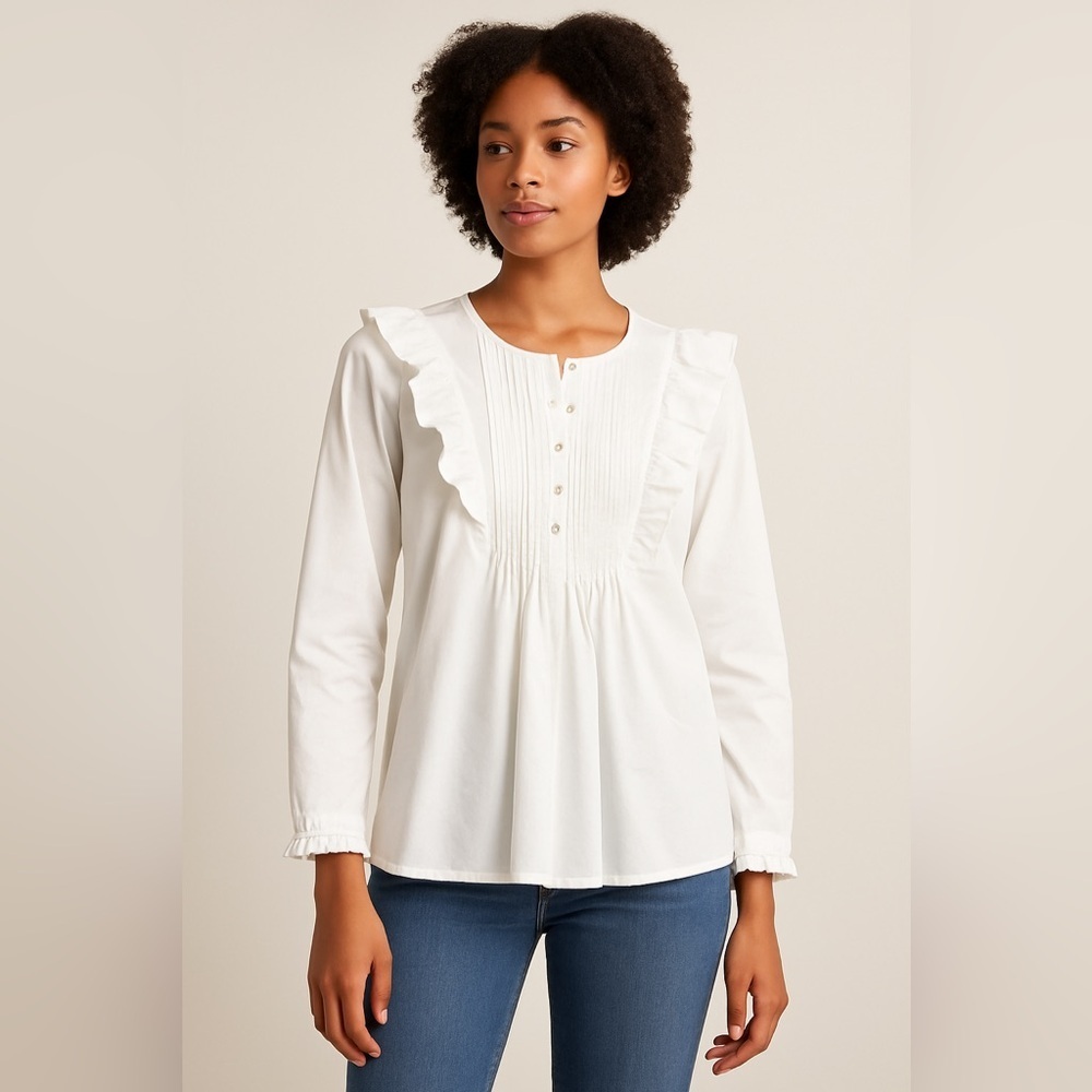 Joie White Ruffle Front Pintuck Blouse Size S